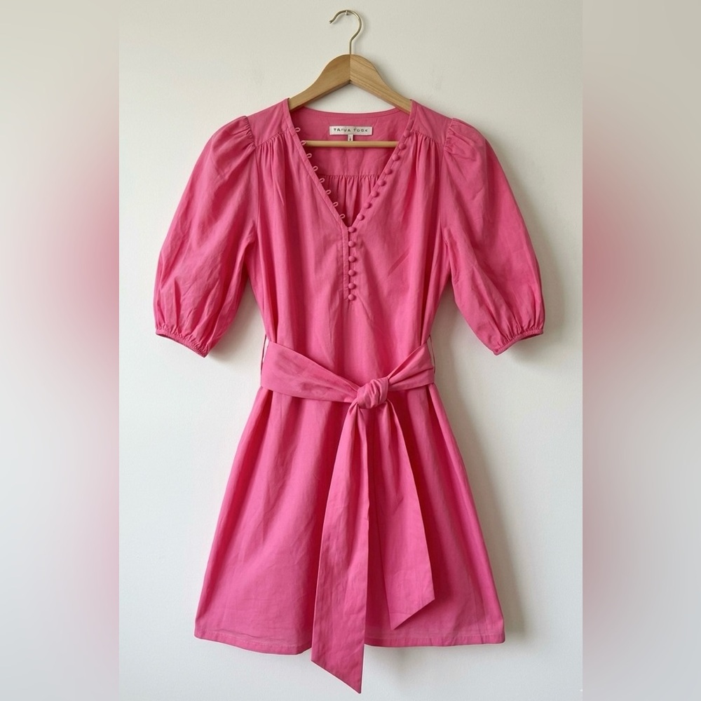 Trina Turk Bohemian Hot Pink Puff Short Sleeve Cotton Flowy Midi Dress Bow